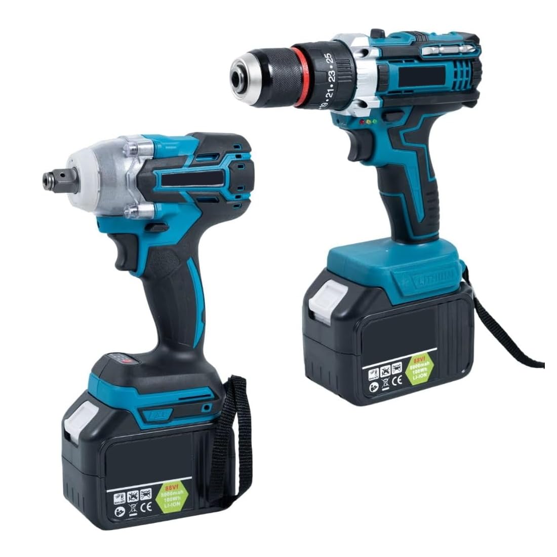GrecoShop Kit Utensili a Batteria 4 in 1: Trapano Avvitatore a Percussione, Smerigliatrice Flex Angolare, Martello Tassellatore SDS-PLUS, Avvitatore Svita Bulloni Svitabulloni Impulsi + 2 Batterie