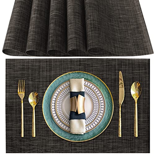 Sets de Table Lavable, Lot de 6 Sets de Table Plastique PVC, Résistant à la Chaleur, Antidérapant, pour Cuisine Table à Manger (Marron Foncé)