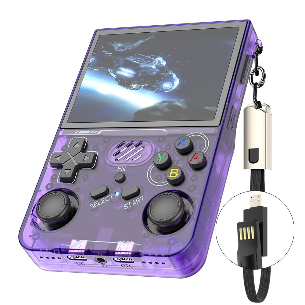 R36S Retro Handheld Video Game Console, 3.5 Inch IPS Screen Video Player 64GB TF Card with 10,000 Games, Retro Hand Game Console, with Open Source Linux System, Purple