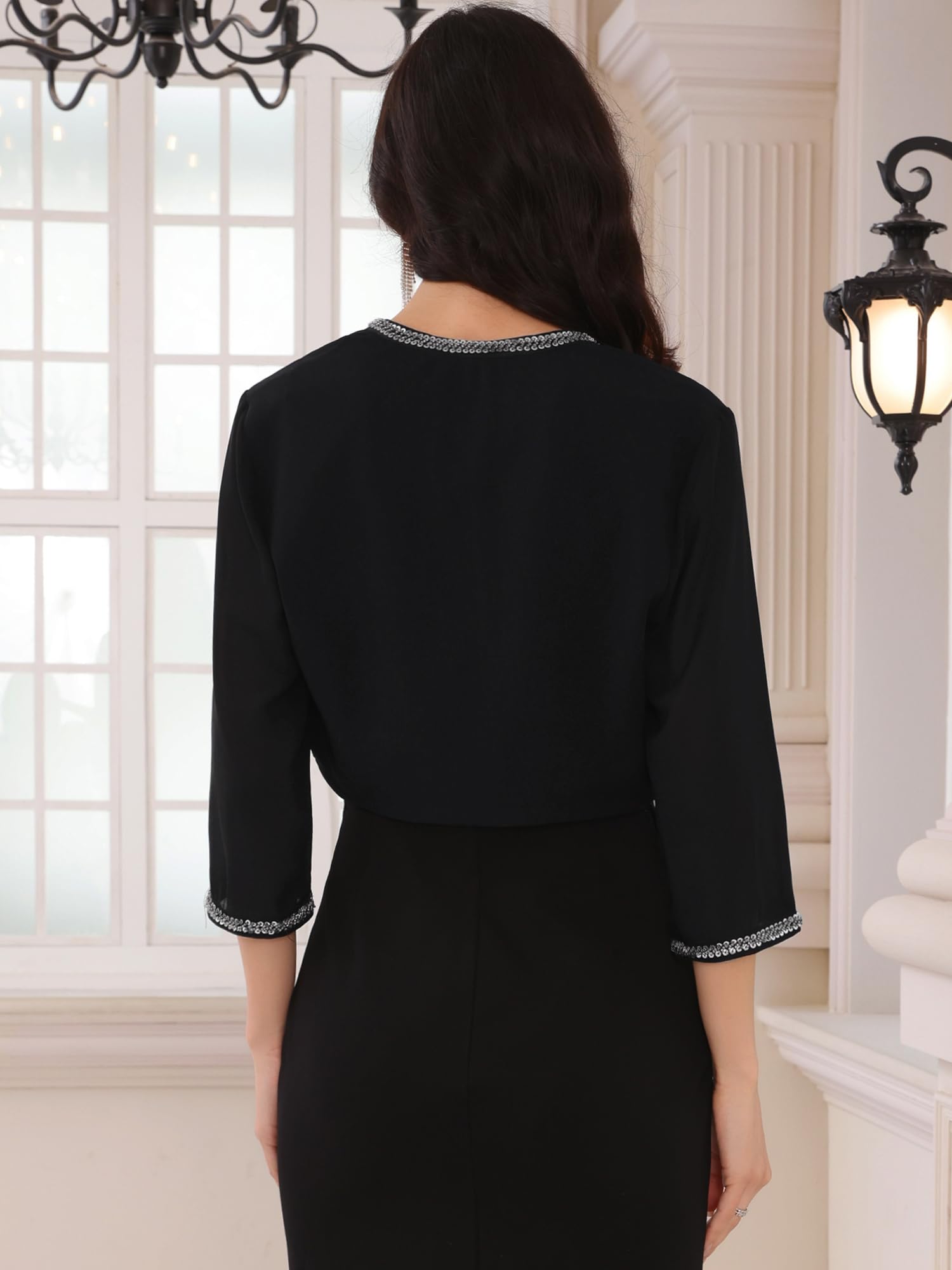 Donna Coprispalle Elegante con Paillettes E Perline Bolero Aperto sul Davanti, Giacca Corto da Cocktail e Formale