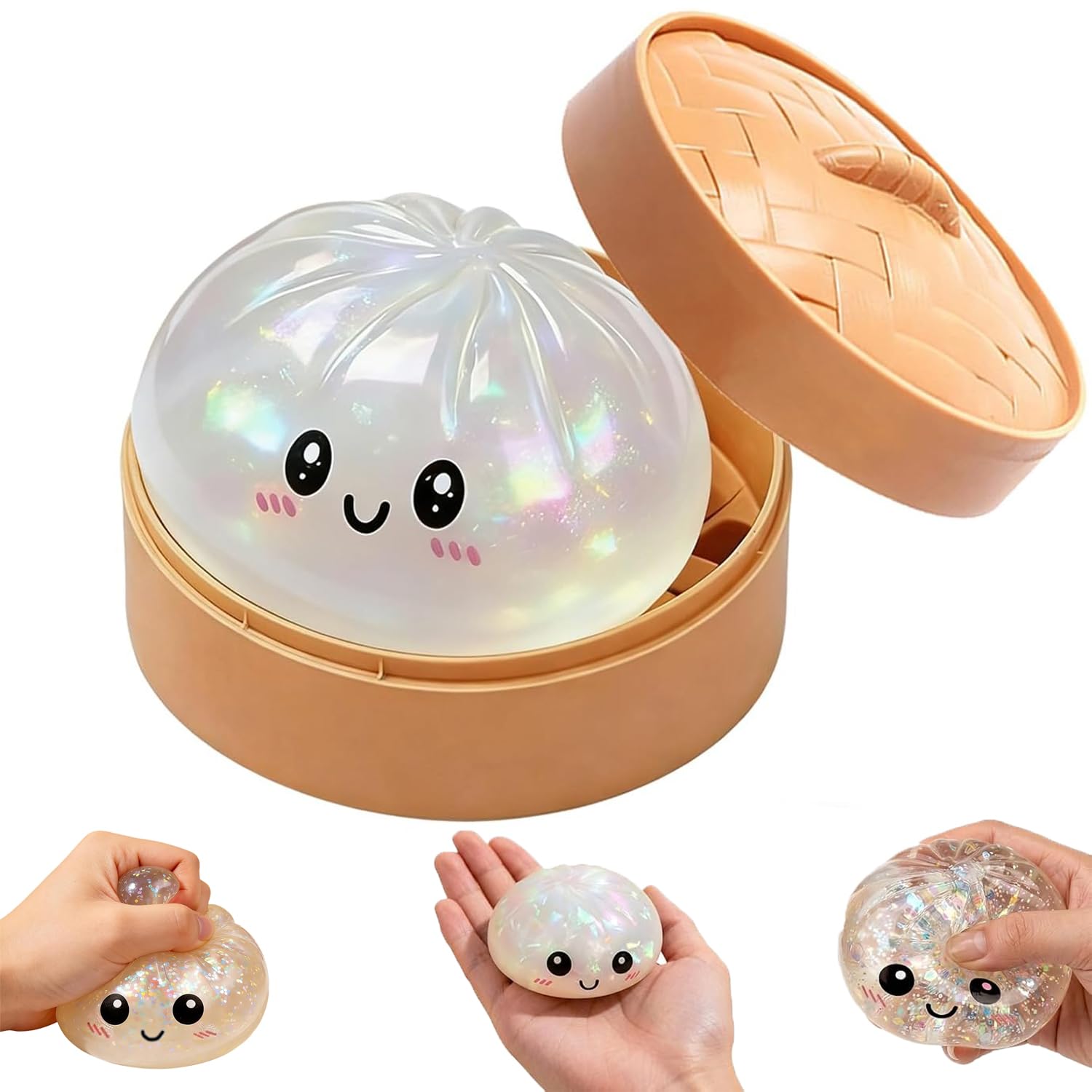 Glitter Dumpling Squishy Toy, Giant Dumpling With Steamer, Colorful Stress Relief Toys, Bao Bun Fidget Sensory Toy, Anxiety Relief Dumplings Squeeze Toys for Kids Adults