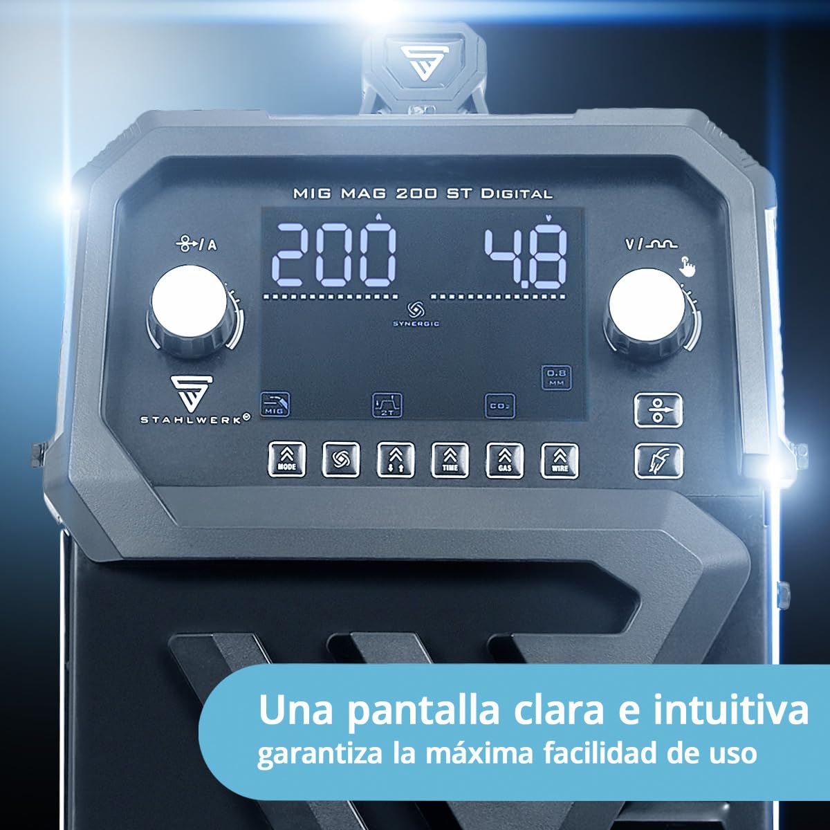 STAHLWERK Soldador MIG/MAG 200 ST Digital – Máquina de soldar | Inverter con 200 A, MMA (Electrodo/ARC), FLUX (hilo hueco), posibilidad de soldar sin gas, Spot, avance de hilo sinérgico
