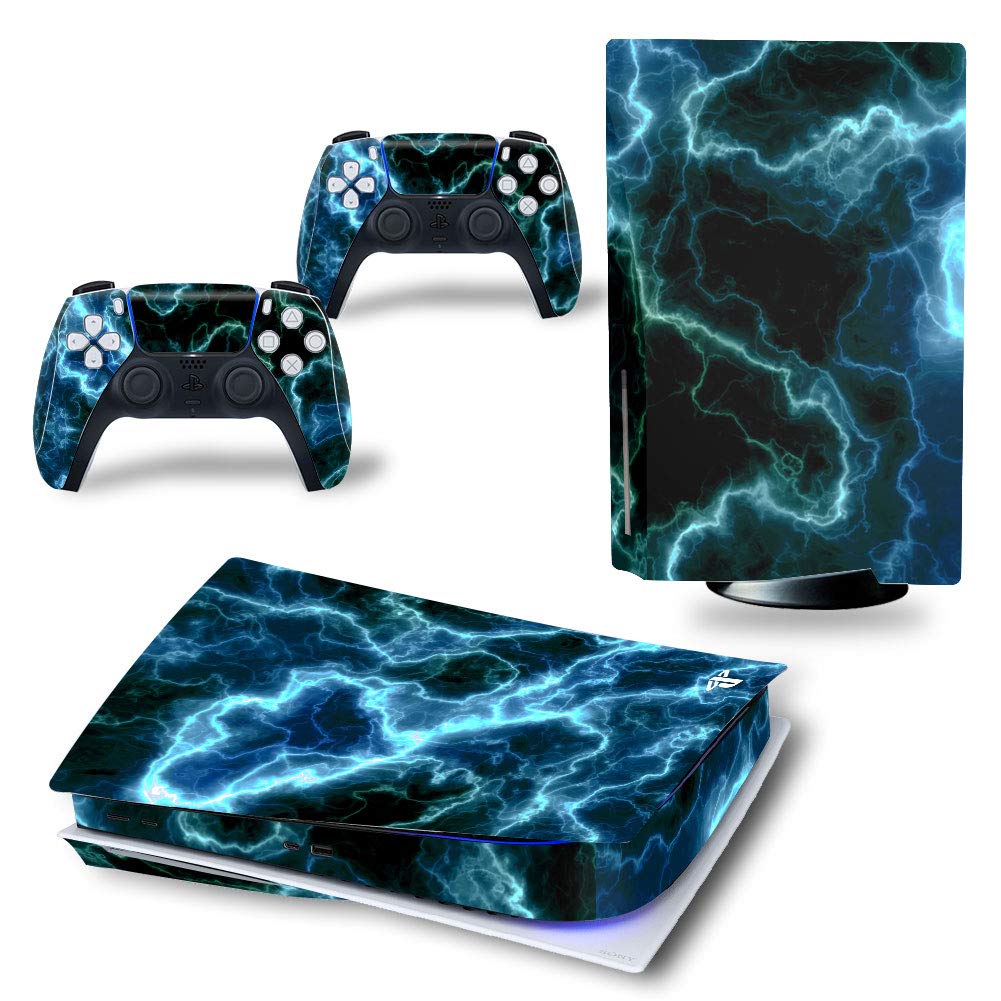 DOMILINA Full Body Vinyl Skin Decal Cover for PS5 Disk Edition Console & Controllers - Green Lightnings