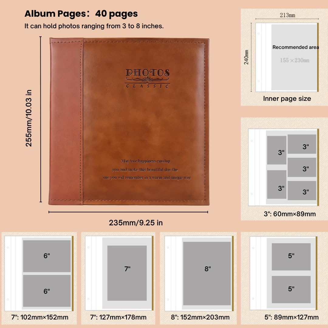 Album fotograficzny ze skóry PU 6 x 4, samoprzylepny, z pudełkiem prezentowym, do albumów ślubnych, rodzinnych fotoksiążek, wspomnień z podróży i prezentu dla przyjaciół (40 stron, brązowy)