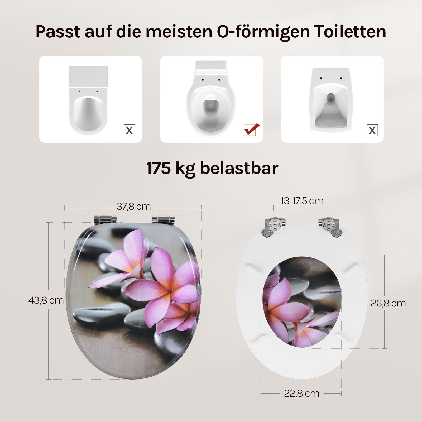 WOLTU Toilettendeckel mit Absenkautomatik O-Form aus MDF, Wc Sitz mit Absenkautomatik, Leicht zu Reinigen, Blumenmotiv Grau