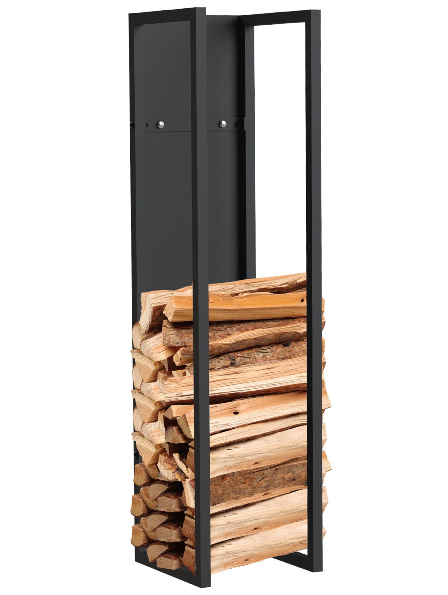 DanDiBo Brandhoutrek voor binnen, metaal, zwart, haardhoutstandaard met achterwand aan de muur, hangende houten mand, haardhouthouder, houten rek (hoogte 160 cm