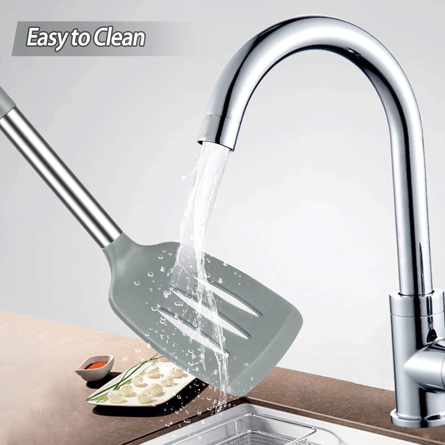 Set di 2 spatole in silicone per pesce, spatole scanalate in acciaio