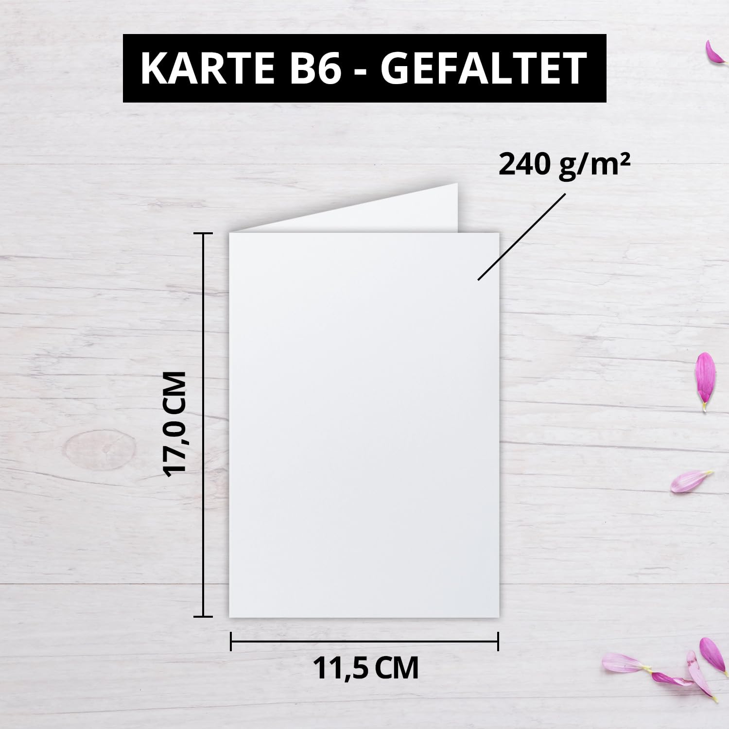 400 składanych kart B6 – wysoka biel/kryształowa biel – jakość premium – 11,5 x 17 cm – bardzo stabilne wymiarowo – nadaje się do drukarek. – Marka jakości: NEUSER FarbenFroh!