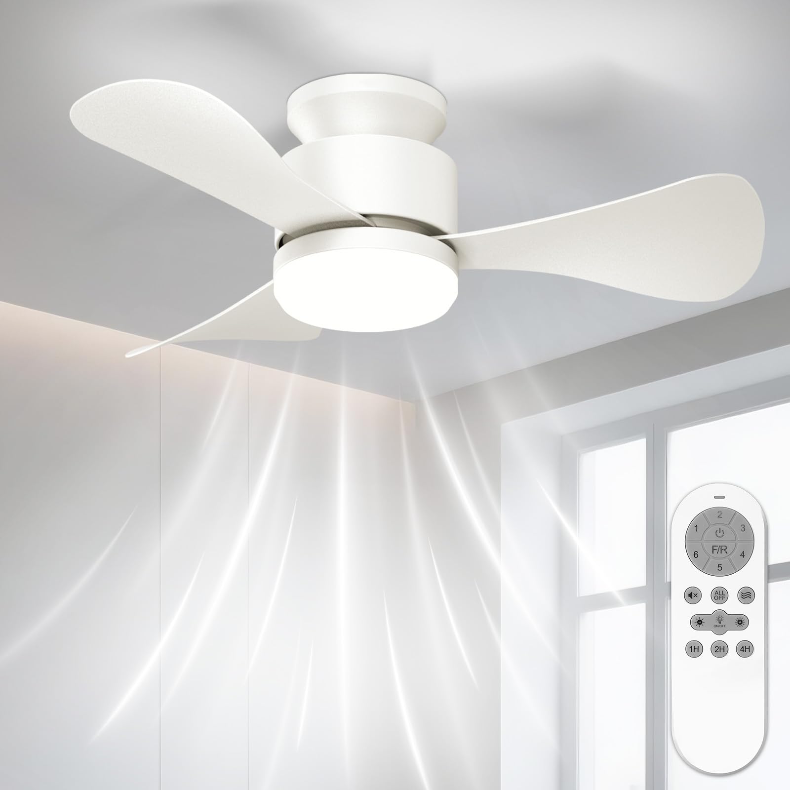 Airwit Small 28" Ceiling Fan with Quiet Light, Adjustable Ceiling Fan with Remote Control and Reversible DC Motor for Bedroom Living Room Kitchen, 6 Speeds
