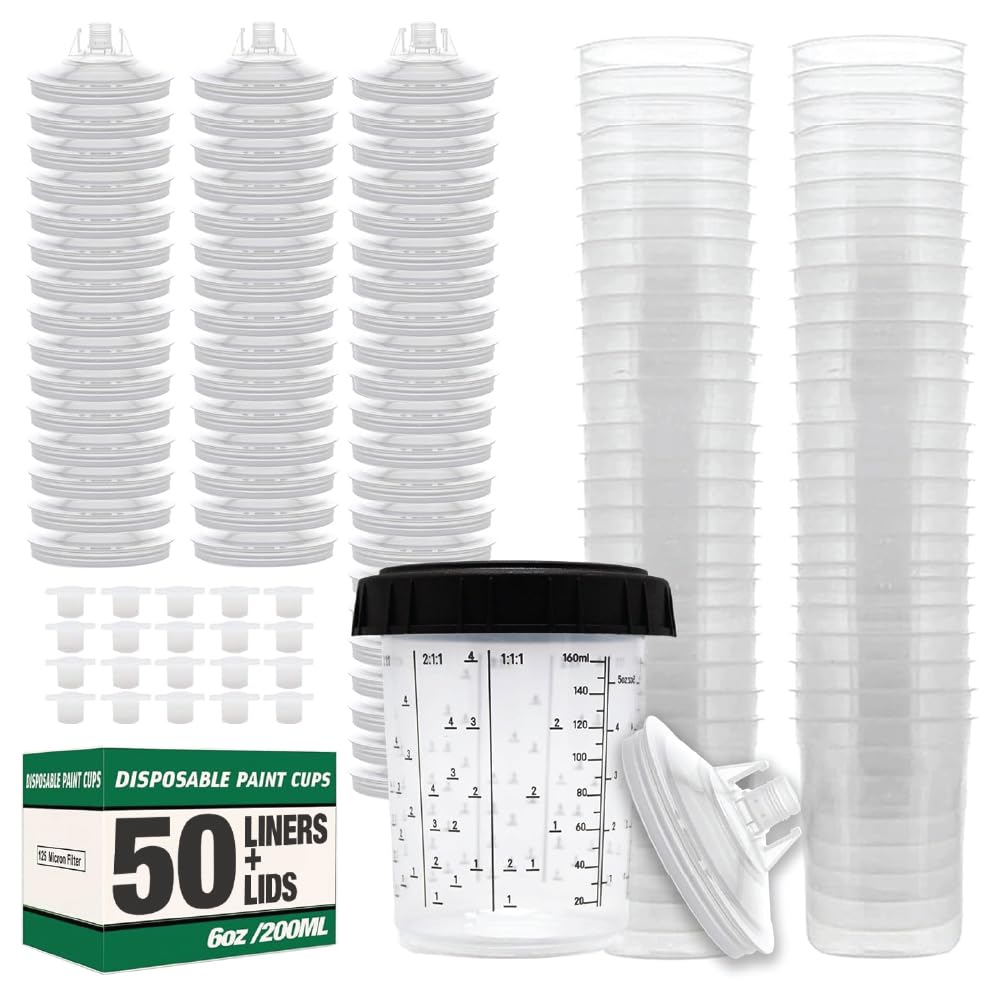 LAUCODisposable Paint Spray Gun Cups Liners and Lid System 50 Cup Liners, 50 Lids, 1 Hard Cup w/Retainer Ring and 20 Plugs - Compatible w/Original 1.0 System (not 2.0) (200ml | 6oz | 125 Micron)