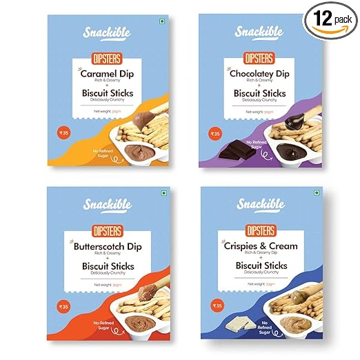 Snackible Dipsters Biscuit Sticks & Dip - Assorted Pack of 4 Flavours | Chocolatey, Butterscotch, Caramel, Cookies & Cream | (Pack of 12) - 12x30gm | Baked | Biscuit&Dip | Mixed Flavors | Creamy Dips