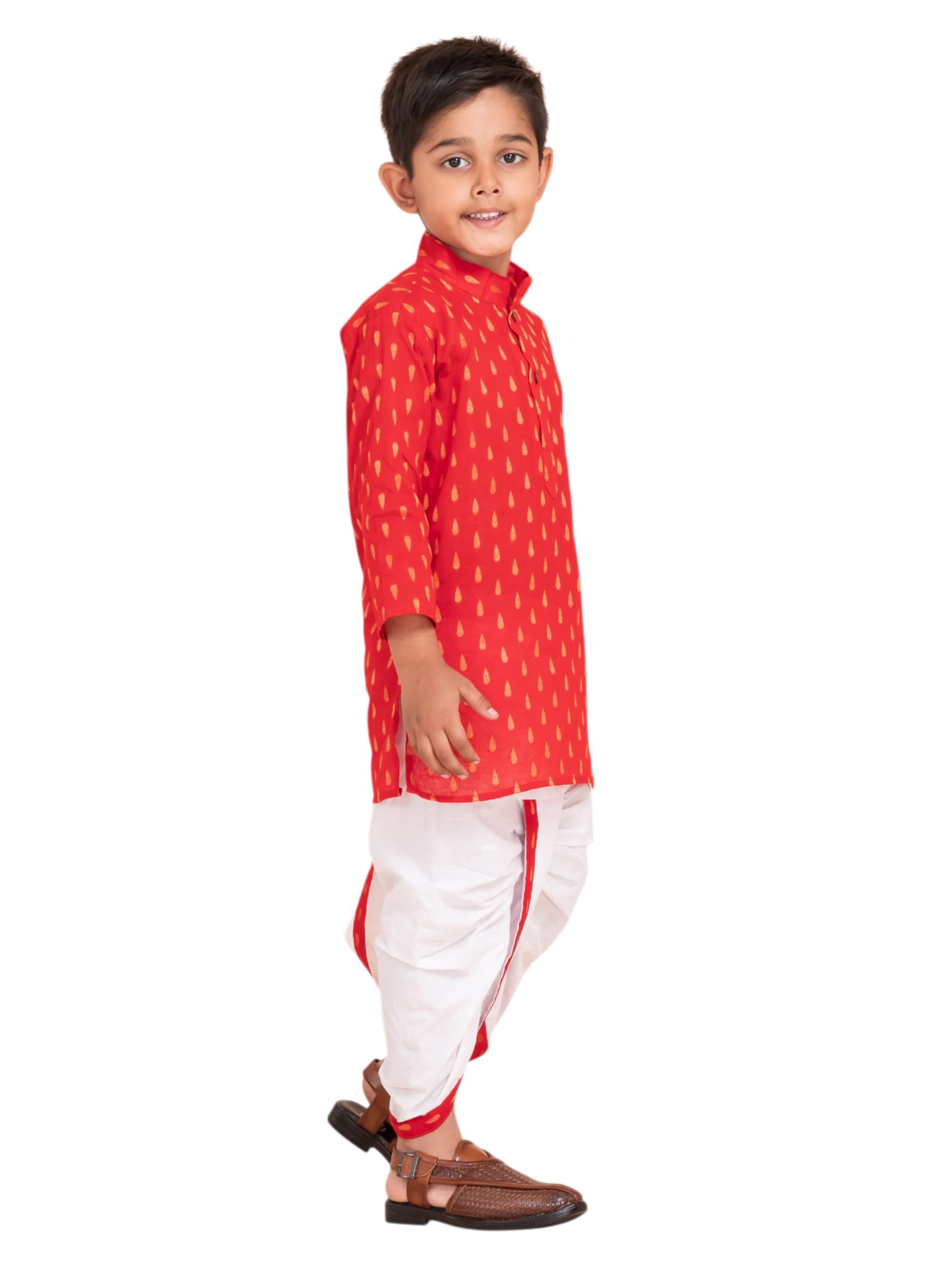 PEKABU Boys Dhoti Kurta Set for Kids - Cotton Kurta and Elastic Waist Dhoti Set - Traditional Dress for Kids (Red, 5-6 Years) - Image 4 thumbnail