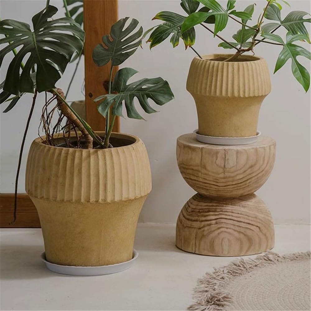 pot de fleur Jardinière ronde couleur chameau avec stries avec trou de drainage, pot de fleur en argile de magnésium, for plantes, fleurs, récipient intérieur et extérieur cache pot ceramique