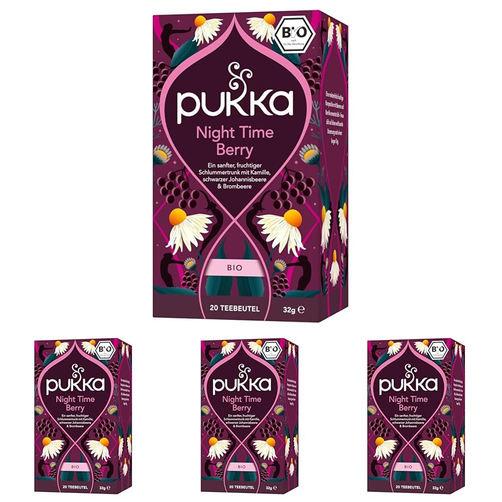 Pukka | Bio Früchtetee "Night Time Berry" | Kamille, Schwarze Johannisbeere & Brombeere | Tee für einen entspannten Abend | koffeinfrei | 4er Pack | 20 Teebeutel