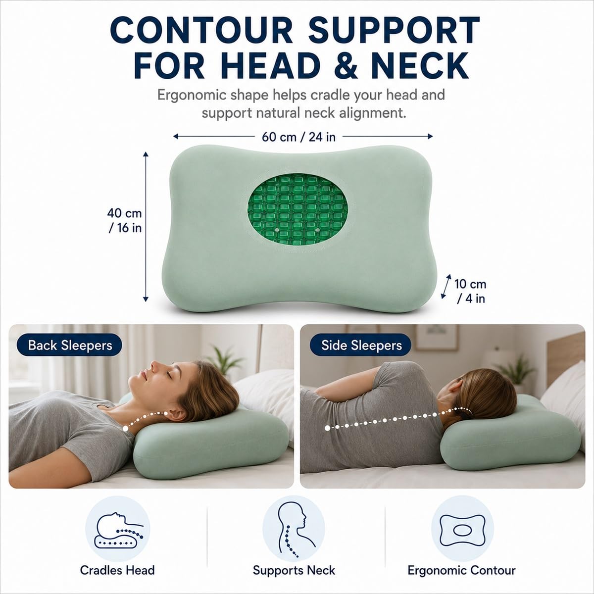 Cuscino Cervicale Ergonomico per Dormire in Gel Rinfrescante 60x40x10 cm | Guanciale Letto Traspirante con Federa Lavabile, Supporto Collo e Spalle per Fianco, per l'uso in casa.(Green)