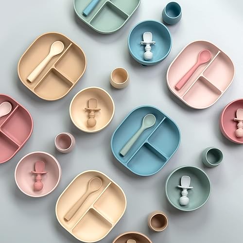 Miniatura 7 de SAMiGO Juego de alimentación de silicona para bebés, suministros de destete para bebés, plato de ventosa, cucharas autoalimentadas, esenciales para