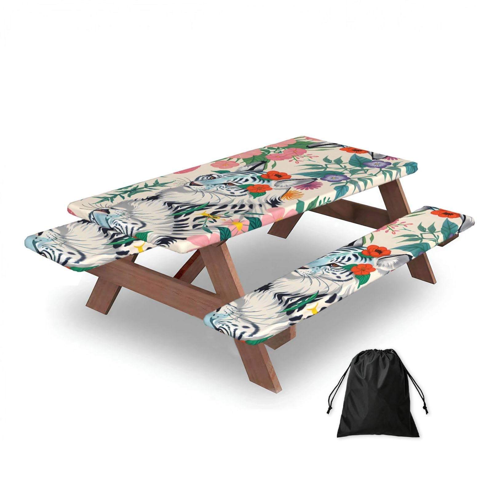 Zqytgfdc Black Cute White Tiger Rectangular Water-Repellent Picnic Tablecloths, Outdoor Camping, Picnic, Bbq