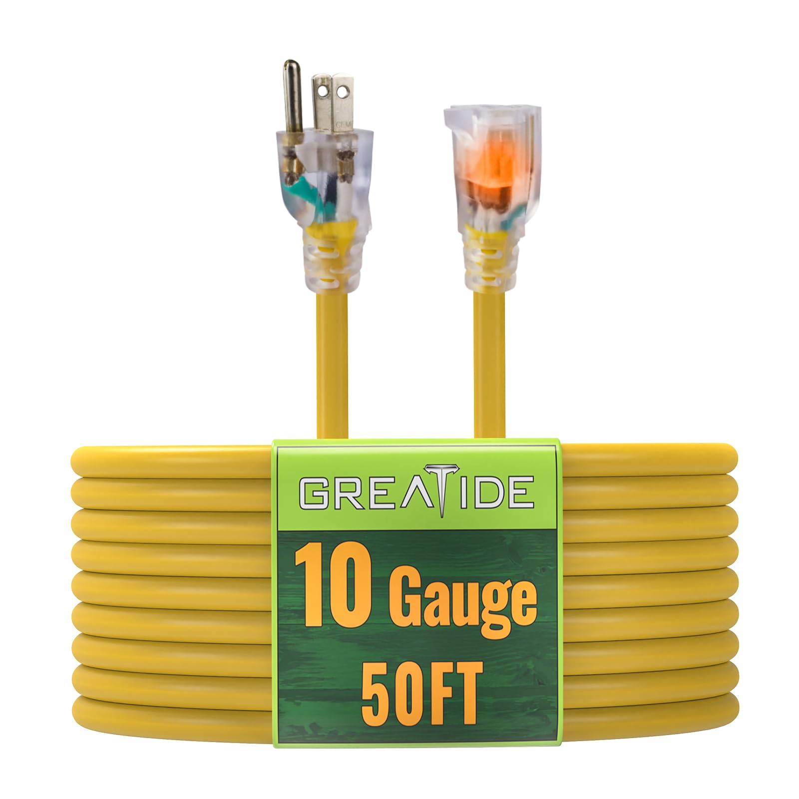 GREATIDE 50 Ft Lighted Outdoor Extension Cord - 10/3 SJTW Heavy Duty Yellow Extension Cable with 3 Prong Grounded Plug for Safety, UL Listed