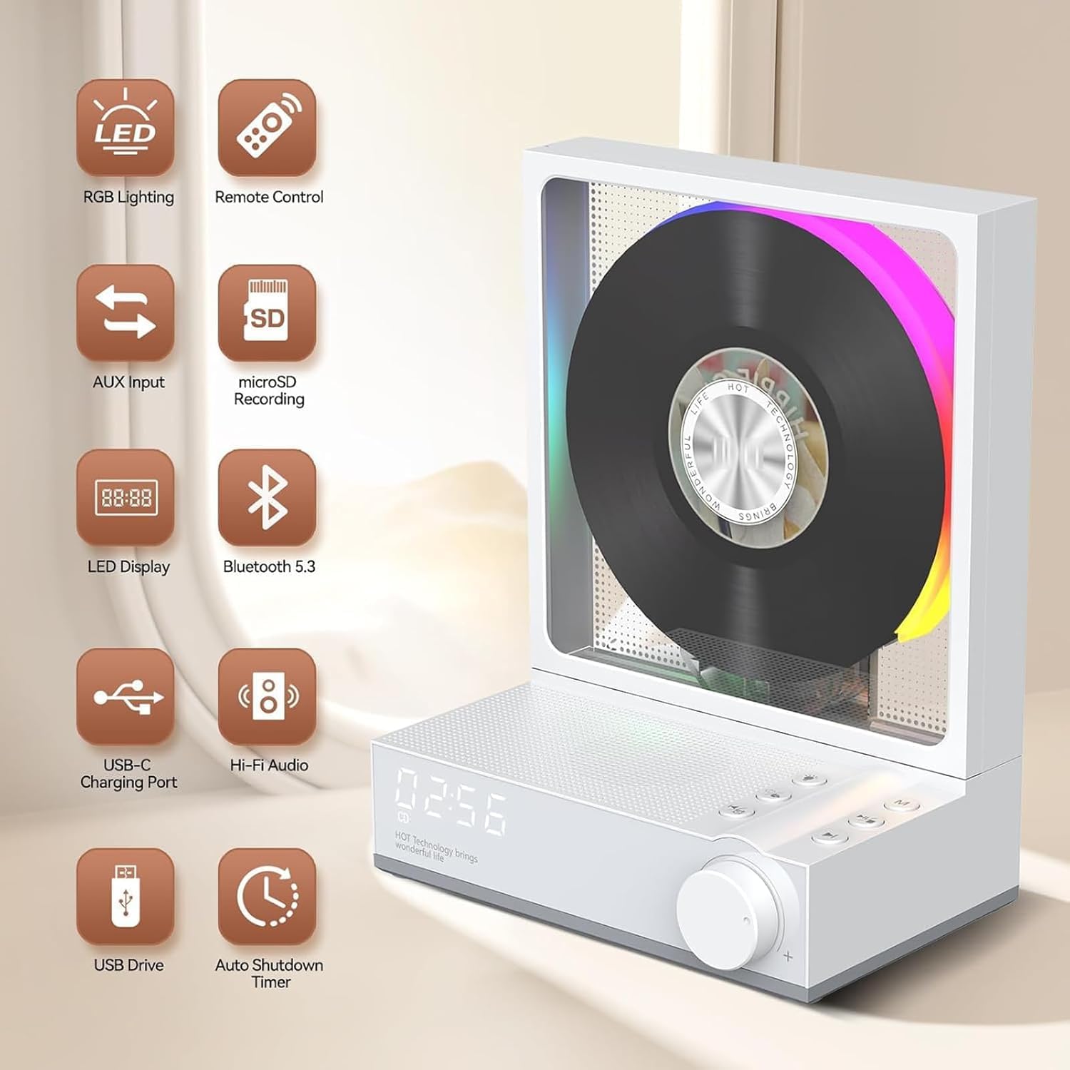 Lettore CD portatile Bluetooth con telecomando, 10 ore di autonomia, luci RGB, supporta CD MP3 WMA, ideale per la decorazione della casa e gli amanti della musica