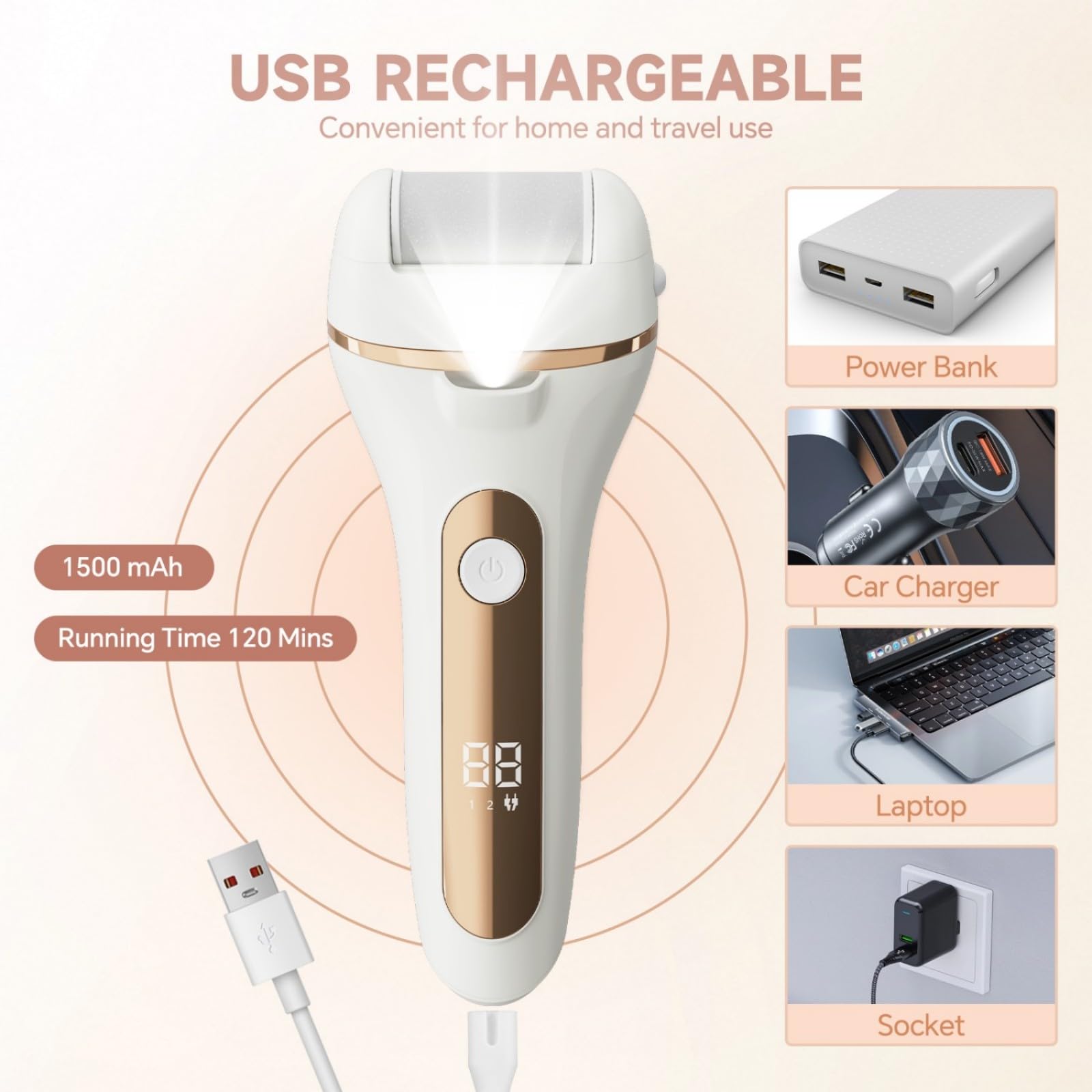 Removedor eléctrico de callos de pies, lima eléctrica portátil recargable, IPX6 resistente al agua con 3 cabezales de rodillo, kits de pedicura para piel seca muerta, dura, agrietada