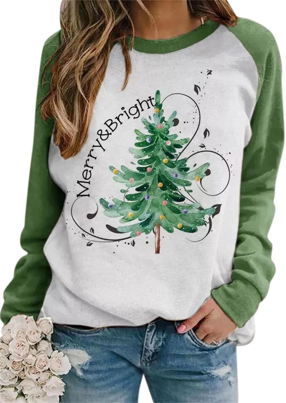 MNLYBABYMerry and Bright Christmas Sweatshirt Women Cute Christmas Graphic Hoodie Merry Bright Christmas Tree Print Sweatshirts