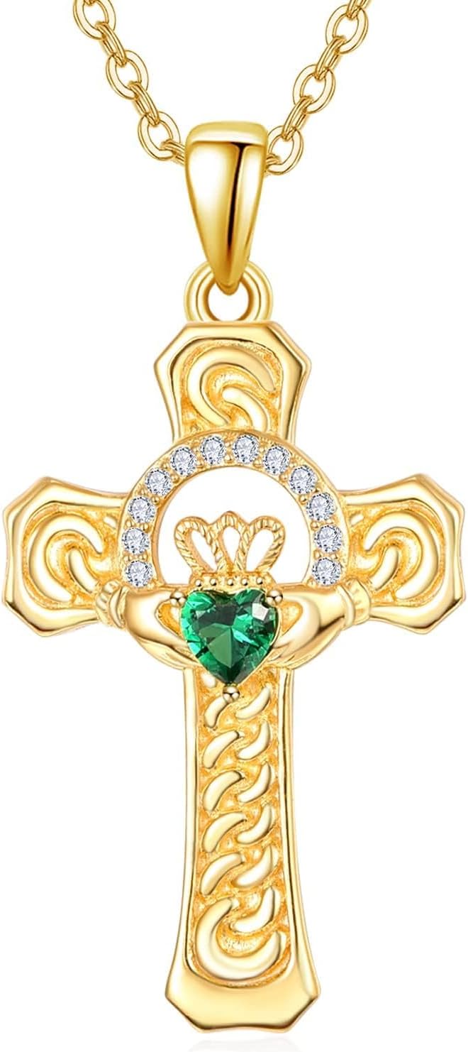 TANGPOET Claddagh Cross Necklace for Women 925 Sterling Silver Celtic Cross Pendant Irish Jewelry with Emerald Green Stone Gifts for Her Birthday Baptism with 18"+2" Chain