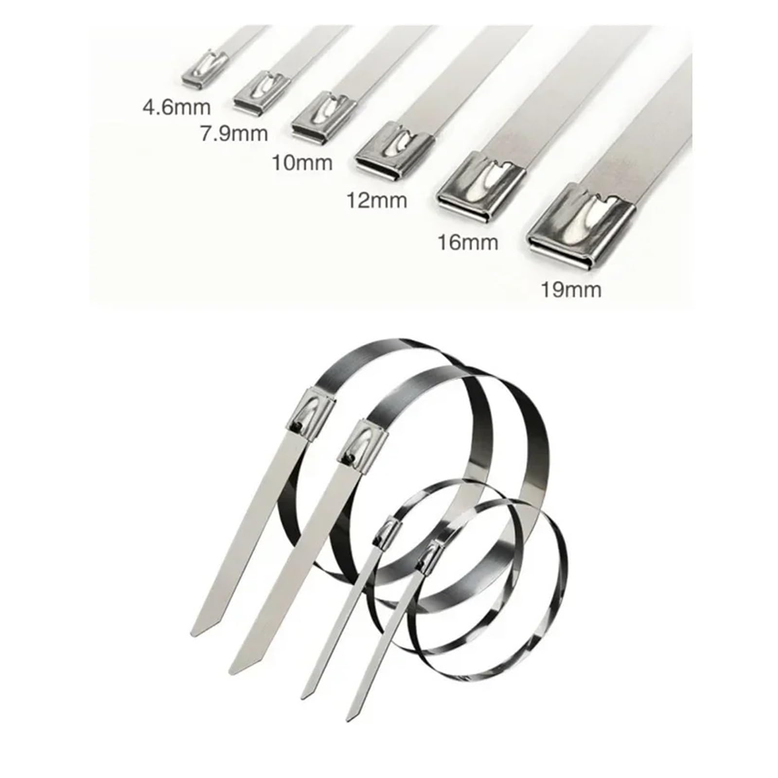 Opaski kablowe ze stali nierdzewnej, 100 szt. Opaski kablowe ze stali nierdzewnej 304, szerokość 4,6/7,9/10/12 mm, powlekane, metalowe, samoblokujące, zamek błyskawiczny, wydech (200 mm (7,87 cala), 4