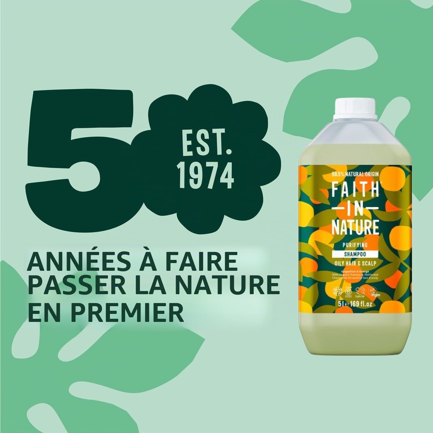 Faith in Nature Naturel Shampoing Pamplemousse et Orange, Revigorant, Végan et Respectueux des Animaux, Sans Parabènes et Sans SLS, Cheveux Normaux à Gras, Recharge 5L