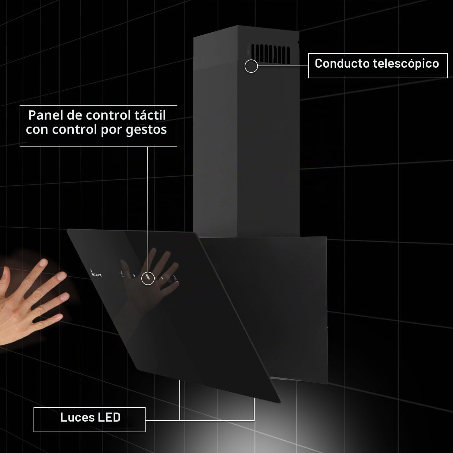 KKT KOLBE Campana extractora 80 cm | aire de circulación de aire de escape | 782 cbm/h | cubiertas sin cabeza | negro vidrio | control de gestos | control táctil sensor | iluminación LED | TRIO8025S