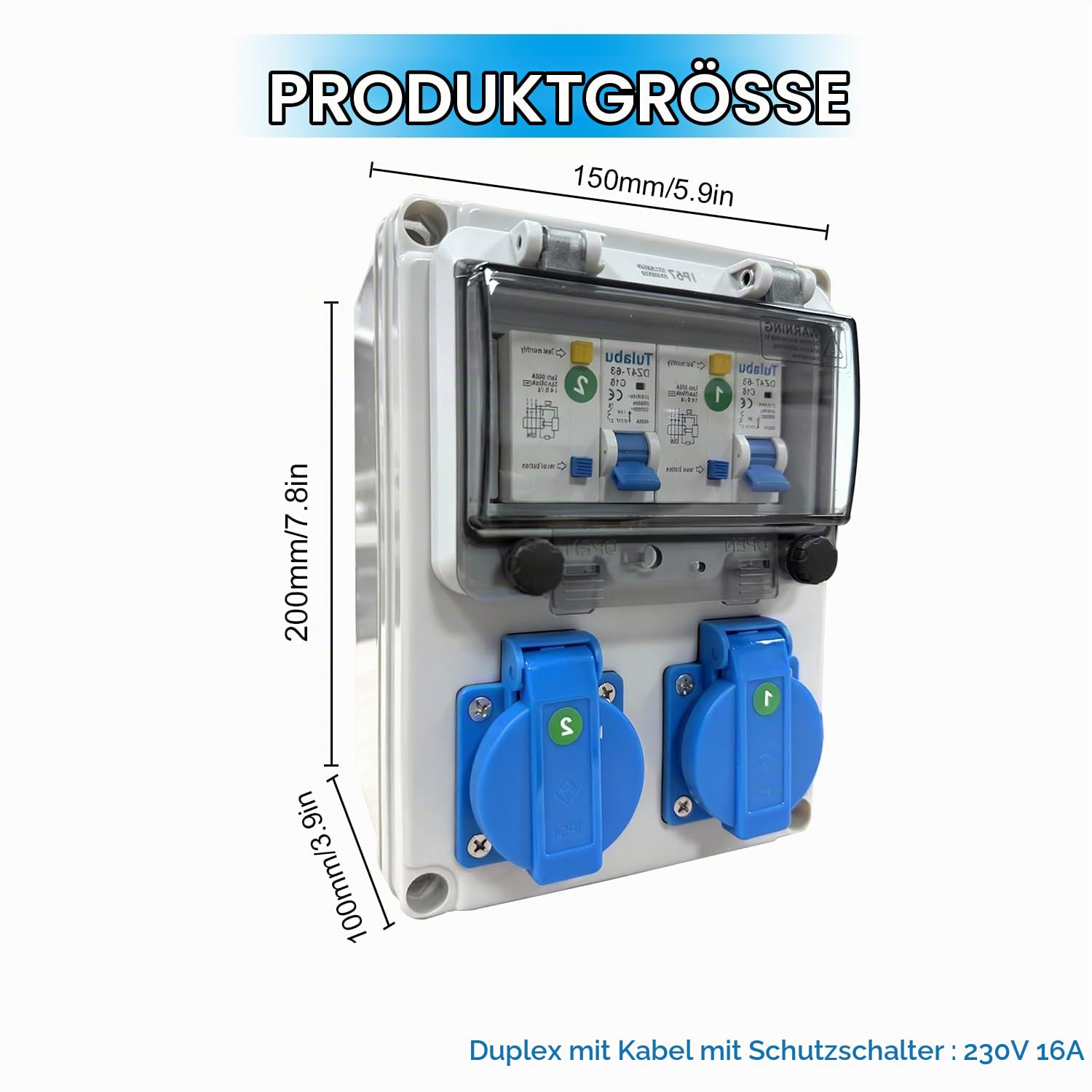 Stromverteiler 16A, 2-fach 230V mit FI-Schalter, IP54