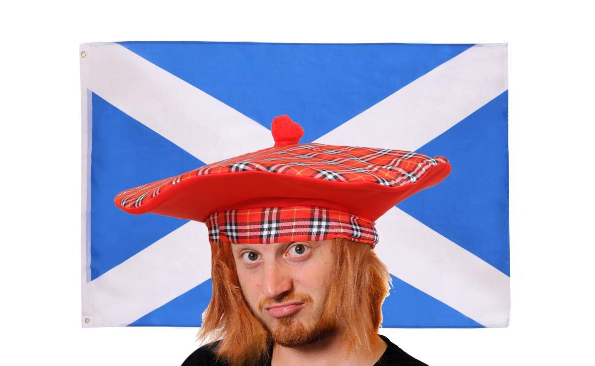 Scottish Flag & Wig Fancy Dress Accessory Set. 3x5ft Flag + Tam O Shanter Hat. St Andrews Day Scotland Supporters Accessory Set for Football & Rugby โ image 1