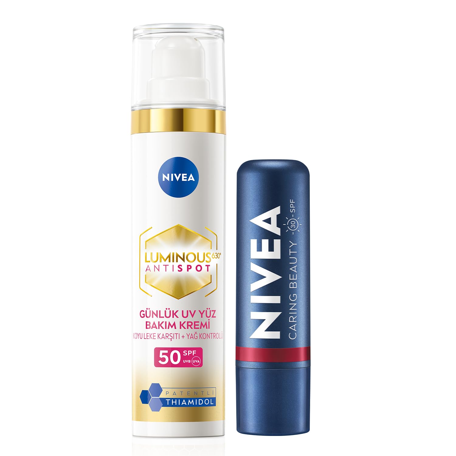 NIVEA SPF30 Kırmızı Renkli Dudak Bakım Kremi,4,8gr + NIVEA Luminous630 Leke Karşıtı Gündüz Bakım Kremi 40ml