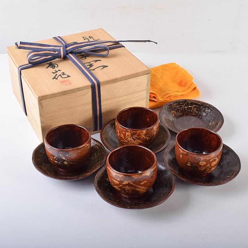 煎茶道具 足助乾漆 高山兼山作 煎茶碗四客 茶托五客 共布共箱 V R8679