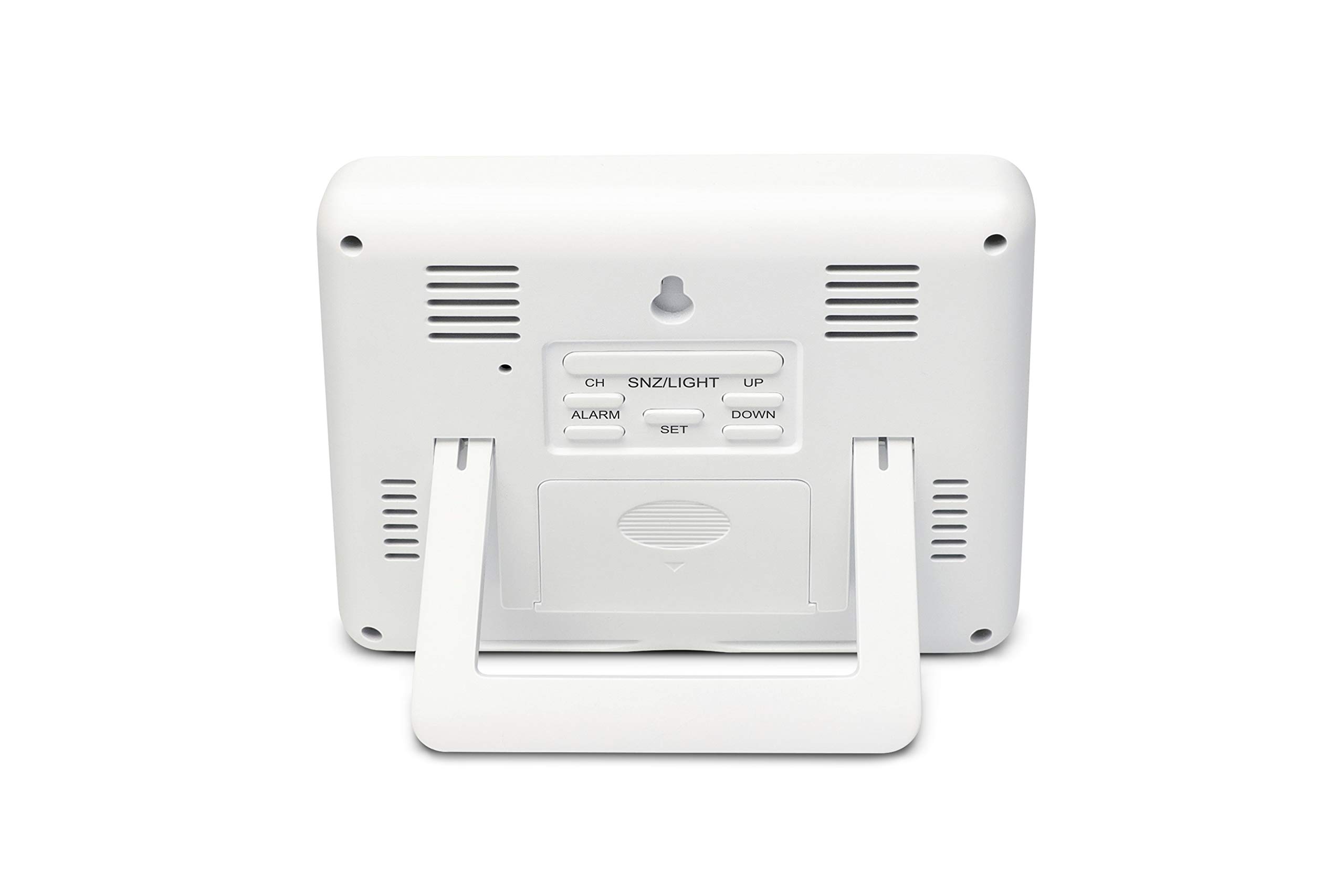 Explore Scientific WSH4003 Stazione Meteo Radio-Controllata con Allarme, Display retroilluminato blu con temperatura/umidità int/ext, Memorizza storico dati, 3 sensori inclusi, Bianco