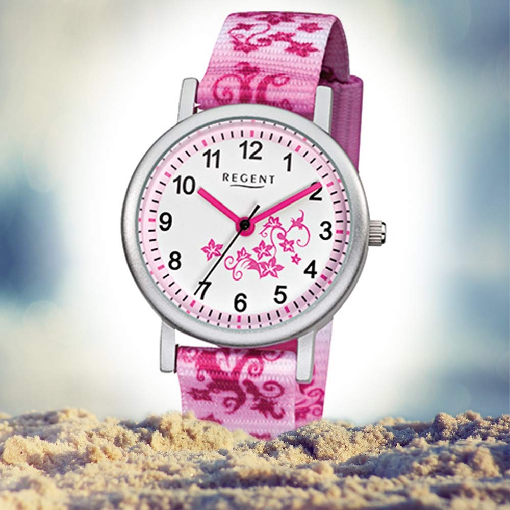 REGENT Kinder-Armbanduhr rosa pink weiß Analog F-727 Textil-Armband URF727 Analoguhr