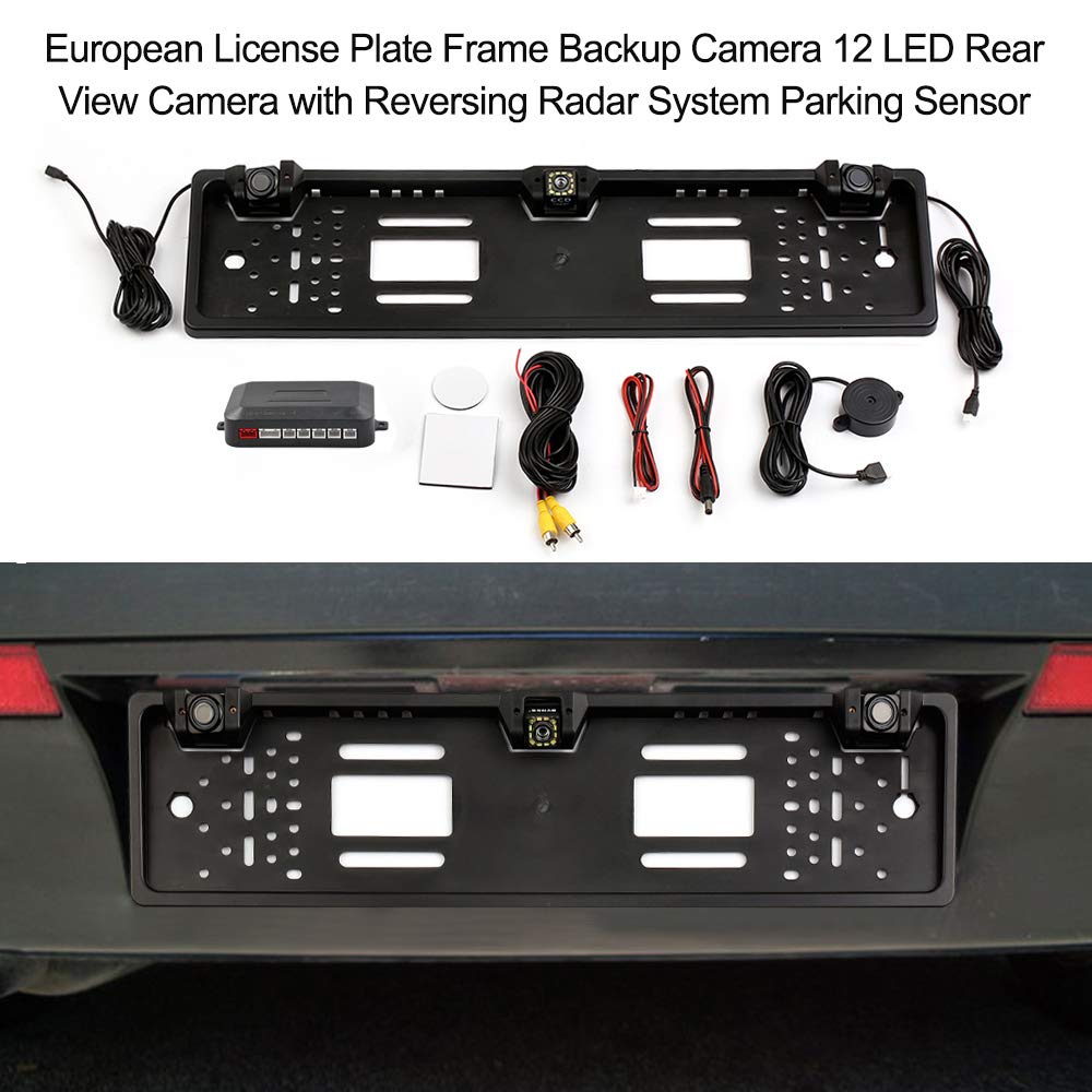 aqxreight Caméra de Recul avec Cadre de Plaque d'immatriculation Européenne, Caméra de Recul à 8 LED avec Système de de, Capteur de Stationnement, Couleur avec Image Améliorée, Performance