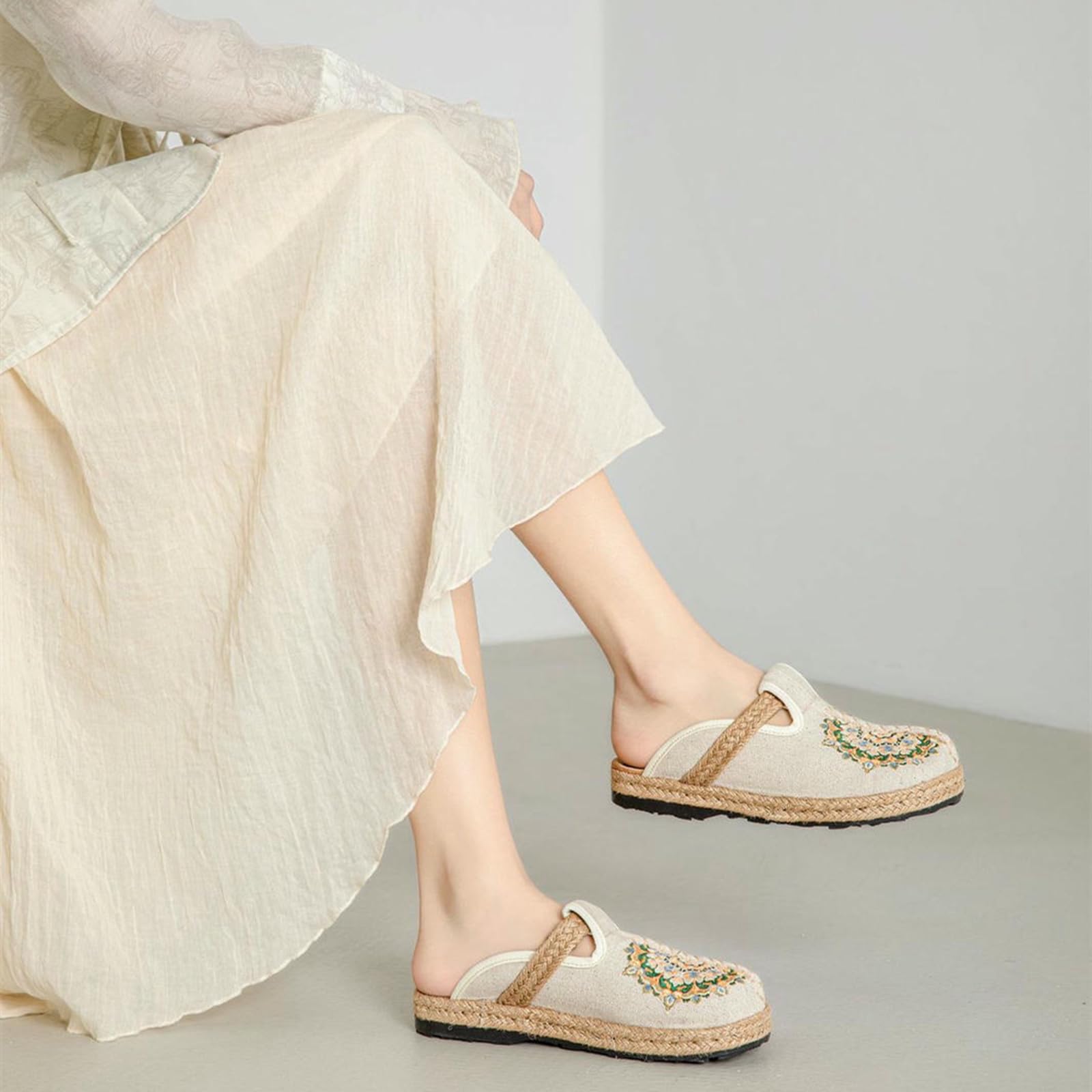 Ciabatte Donna Pantofole da Ricamate in Biancheria - Scarpe Panno Stile Etnico Piatto, Comodo Scivolo Antiscivolo per Primavera E Estate-beige-39ue