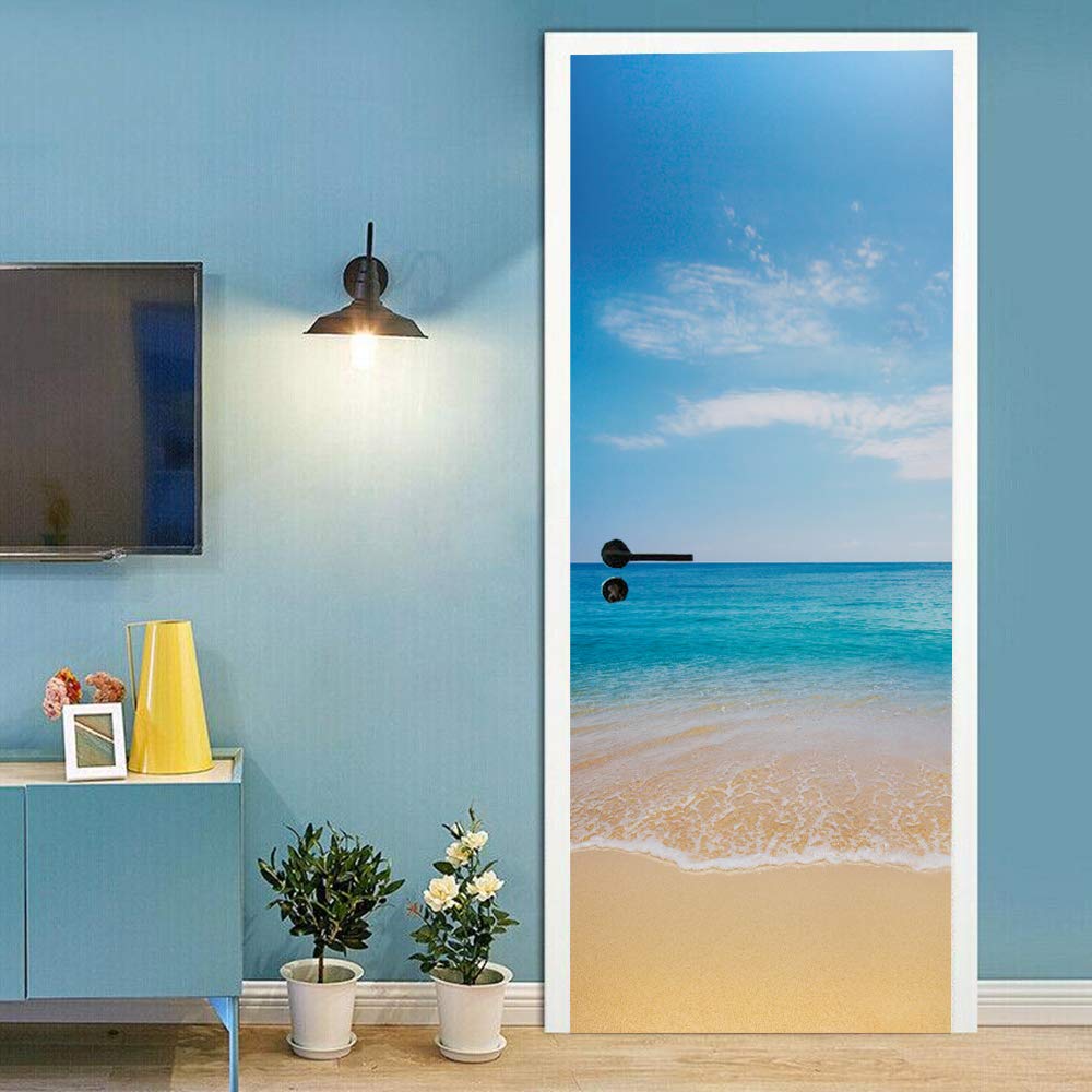 Papier peint porte 3D plage pour rénover une porte sans peindre