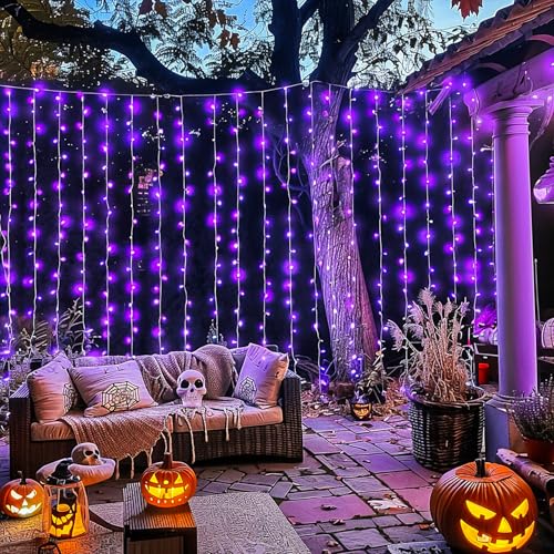 Image of JMEXSUSS 300LED Purple Halloween Lights, 9.8x9.8ft Curtain Lights Plug in | With Remote, 8 Modes, Hanging String Lights for Indoor, Outdoor, Bedroom, Window, Party, Backdrop, Xmas, Halloween Decoration