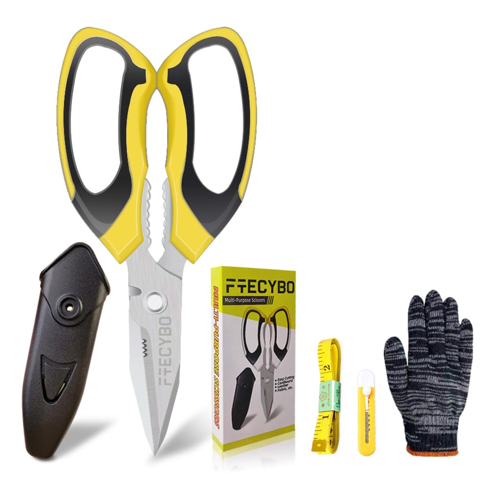 Heavy Duty 8'' Multipurpose Scissors with Protective Cover, Stainless Steel Serrated Blades, Easy Cutting Cardboard, Leather, Fabric, Wires, Nutcracker, Yellow