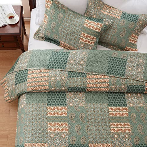 LEAONME 2 Pieces Twin Size Quilt Set Olive Green Paisley Bedspread Coverlet Lightweight Microfiber Bedding Set 68x86 Inch Bed Cover for All Seasons (1 Quilt, 1 Pillow Sham)