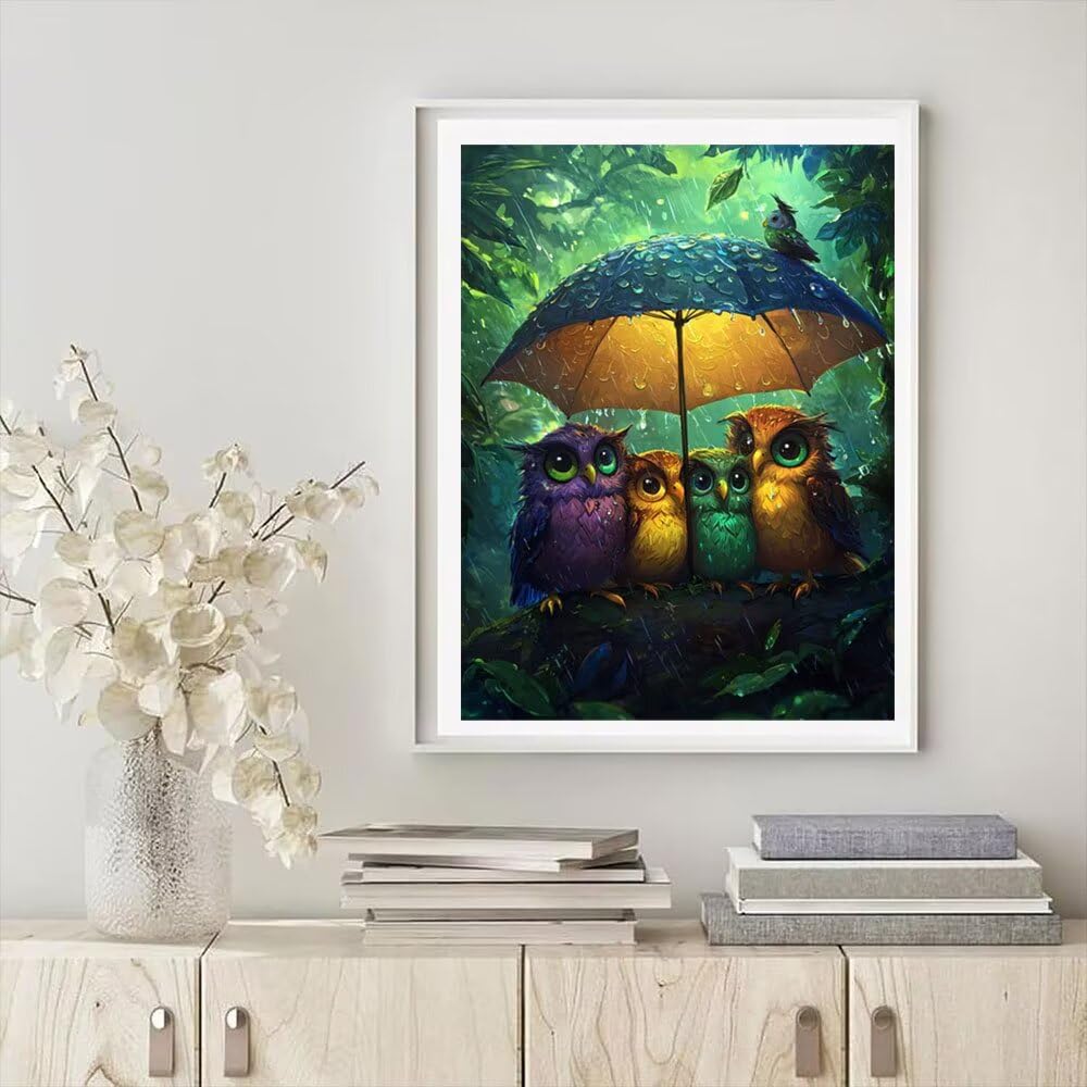 5D Diamant Painting Kits Erwachsene, Regentag Eule Diamant Painting Bilder für Anfänger Kinder, DIY Mosaikherstellung Stickerei Kreuzstich für Home Wand Dekor, Geschenke für Frauen 80x110cm WO3W-839