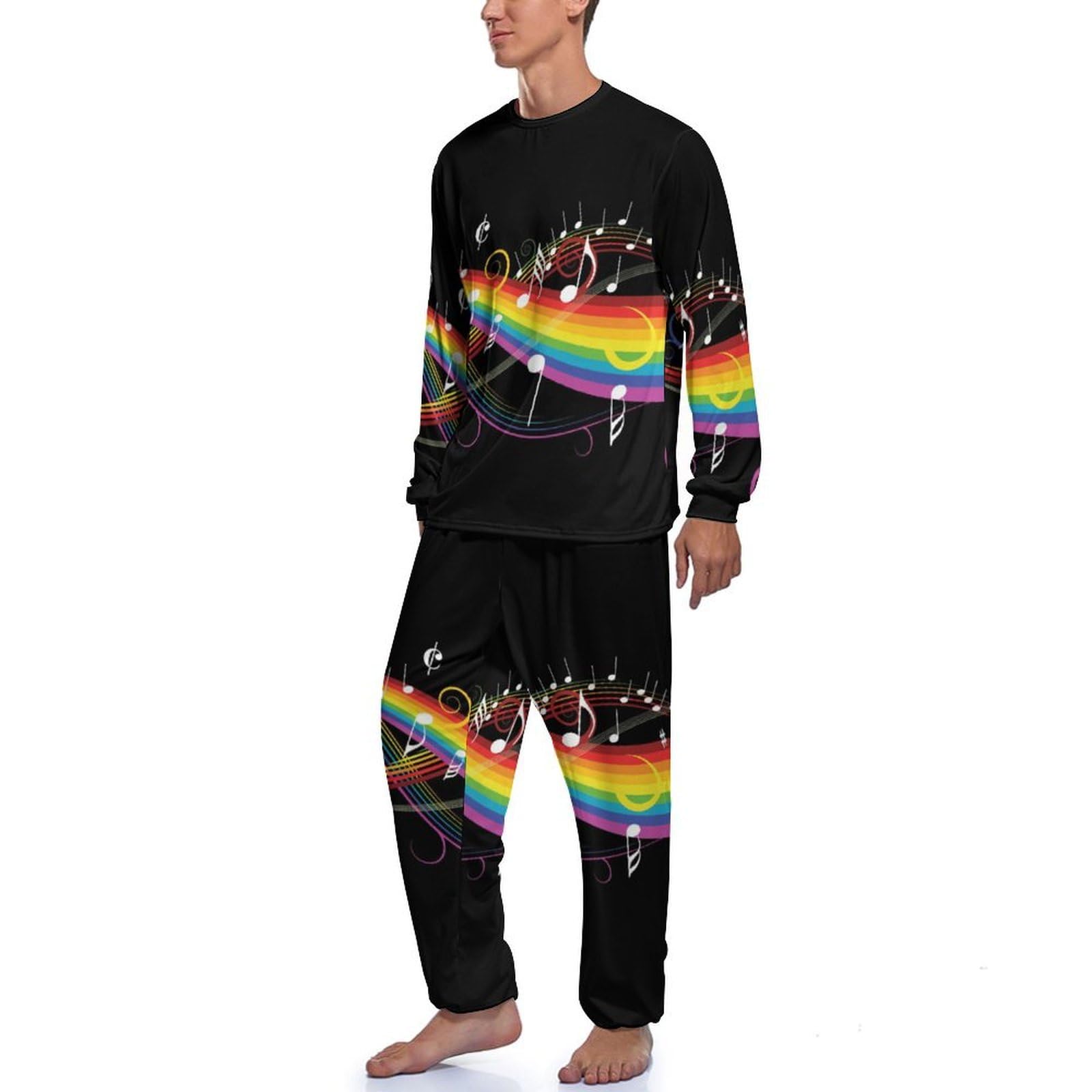 Nachtwäsche, regenbogenfarbene, horizontal gestreifte Linien, Herren-Schlafanzug-Set, Nachtwäsche, langärmeliges Oberteil und Hose
