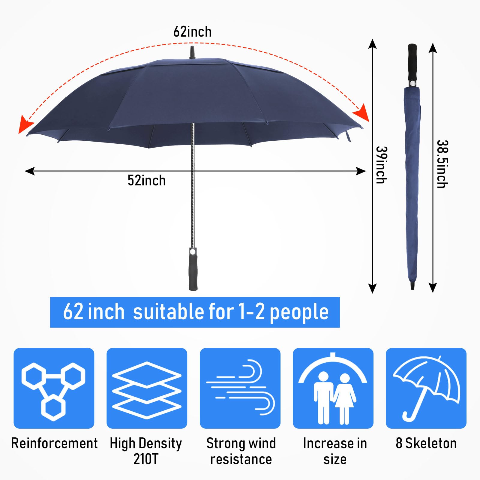 Jexine 10 Pcs Large Automatic Open Golf Umbrella 62 Inch Double Canopy Rain Umbrella Windproof Waterproof Heavy Duty Oversize Extra Vented Stick Umbrella for Men Women Family Travel Sports (Dark Blue)