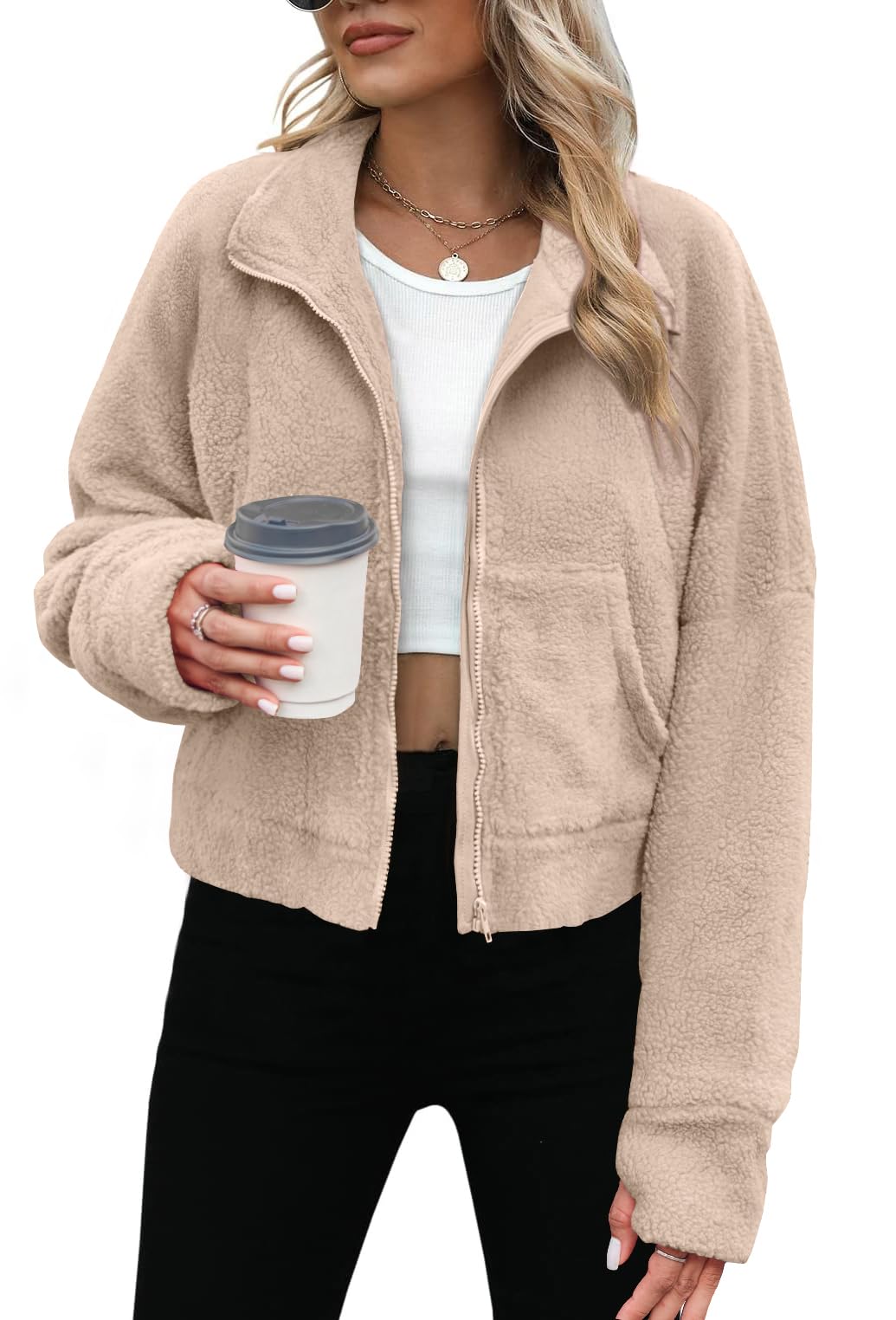 Photo 1 of Miladusa Womens Cropped Sherpa Jacket Full Zip Fuzzy Fleece Jackets Funnel Neck Winter Teddy Coats with Pockets XX-Large Khaki
