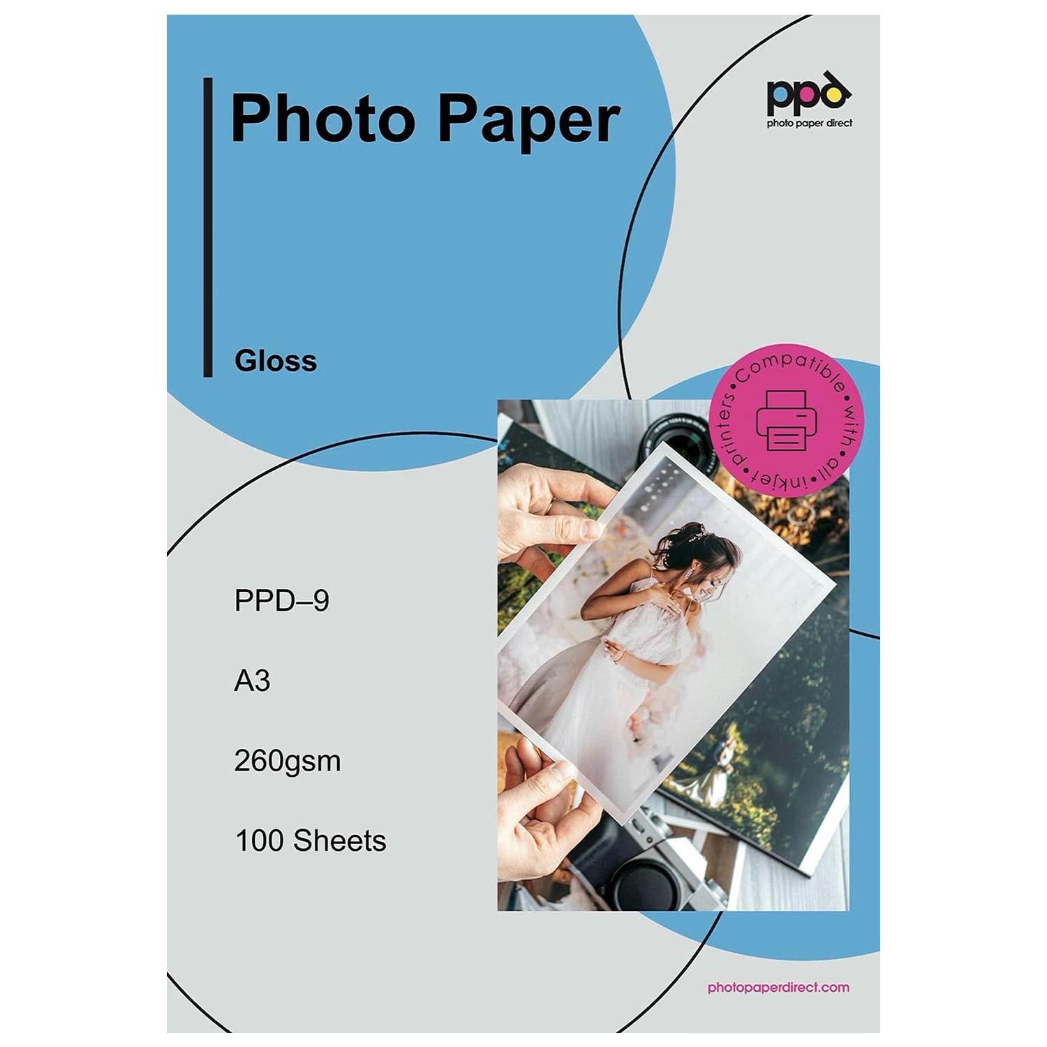 PPD 100 Feuilles x A3 Papier Photo Brillant Premium, Fort Grammage 260g, Impression Jet d'Encre, Haute Brillance, Séchage Instantané