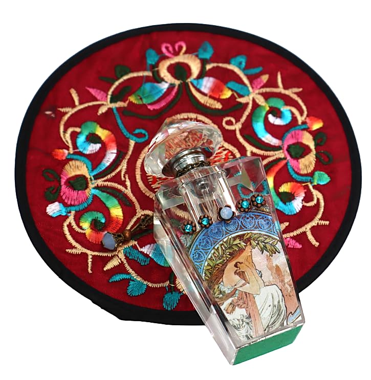 Romantic Bedroom Vanity Decor Vintage Style Alphonse Mucha Art Nouveau Small Glass Perfume Bottle with Dauber Stick Velvet Bottom Crystal Rhinestones Gift for Her Women3