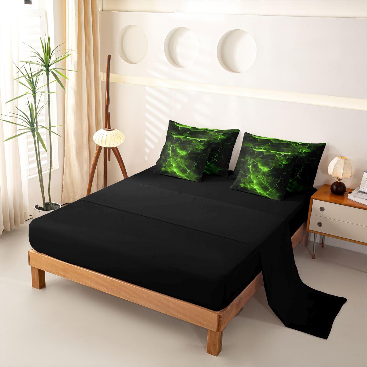Loussiesd Juego de funda de edredón de 7 piezas para niños y niñas, color verde y negro, con funda de edredón, sábanas, fundas de almohada, fundas de cojín, color verde y negro