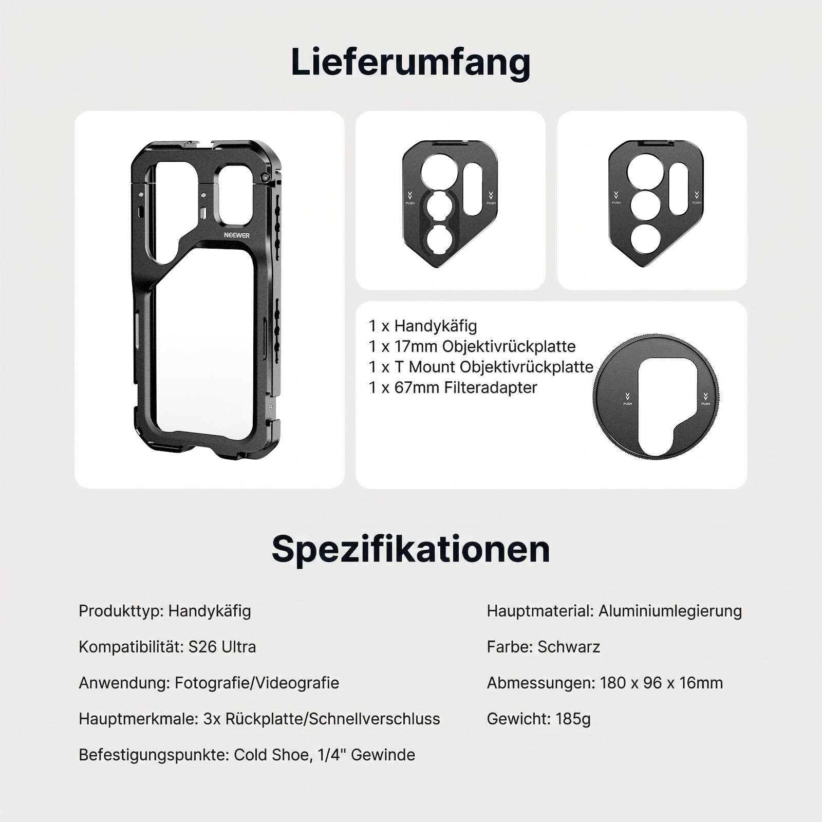 NEEWER S26 Ultra Smartphone Käfig Cage, Handy Video Rig Stabilisator Vlog Set mit 3x Rückplatte für 67mm Filter, 17mm Handyobjektiv und T Mount Lens, nur kompatibel mit Samsung Galaxy S26 Ultra, PA182