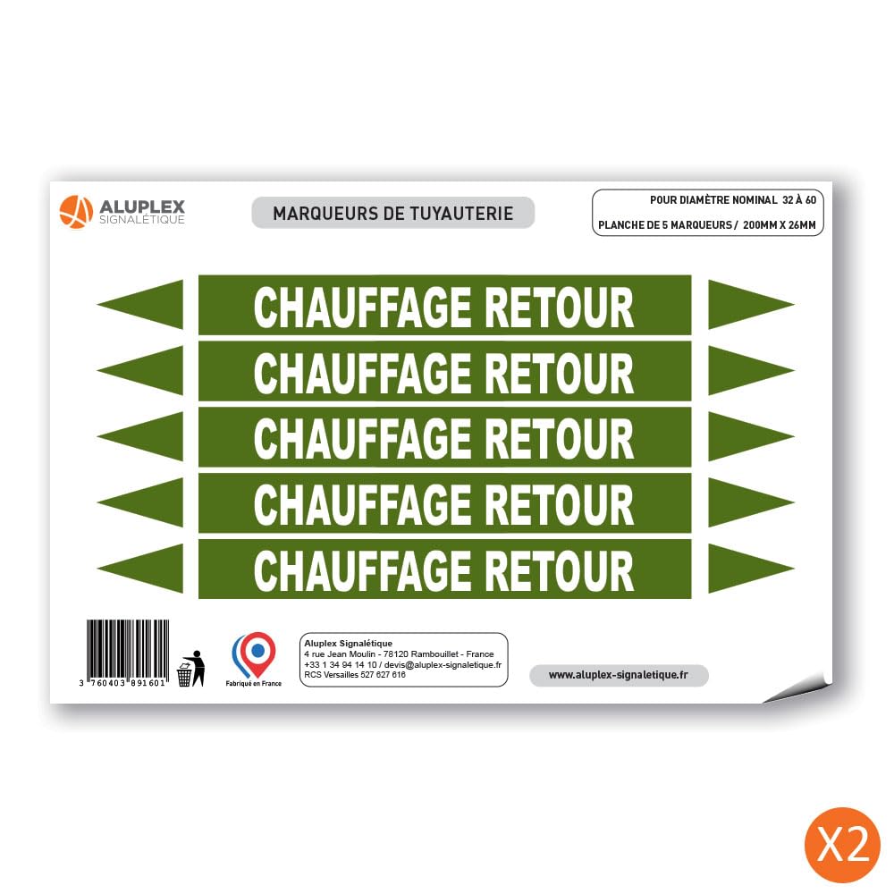 Planche de 10 marqueurs de tuyauterie EAU (Ø DM 32 à 60) pour fluide CHAUFFAGE RETOUR / 200 x 26mm